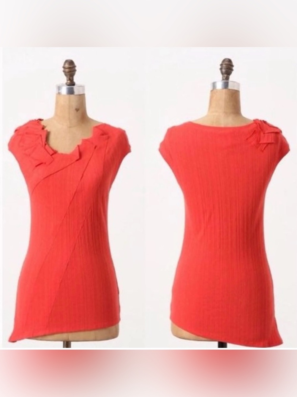 Anthropologie One September Coral Ruffle-Neck Cap Sleeve t-shirt Top